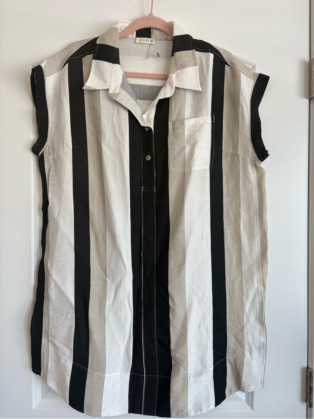 Kori Black, White & Tan Vertical Stripe Button-Down Dress